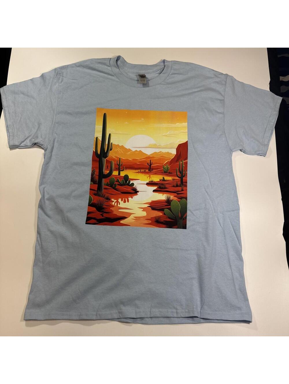 Cactus Desert Sunset T-shirt Unisex Size Large Sky Light Blue Tee Western